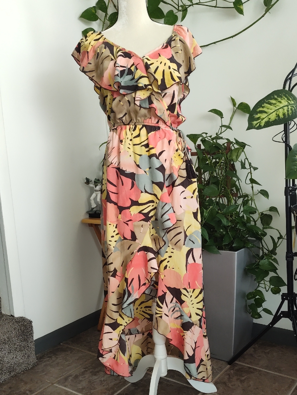 indulge Tropical Leaf Ruffle Maxi Dress in Coral, Yellow & Black